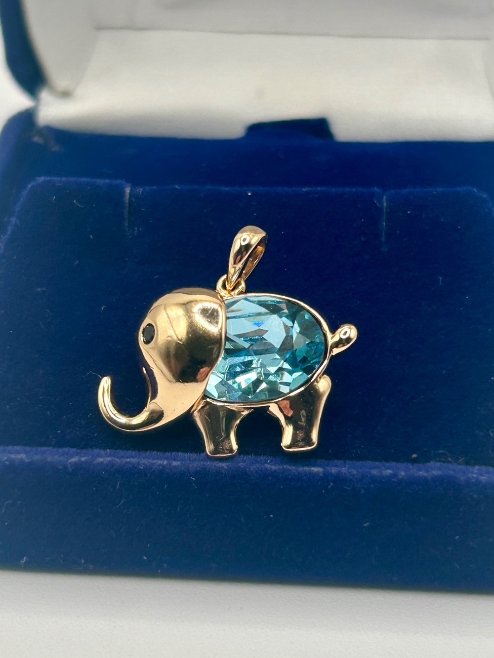 Gold Elephant Pendant with 10mm Blue Faceted Crystal Accent
